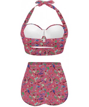 Women's Halter Abstract Print Funny Swimsuits High Waisted Bikini Set - Multicolored-39 - CE19682OLSL $42.92-Sets