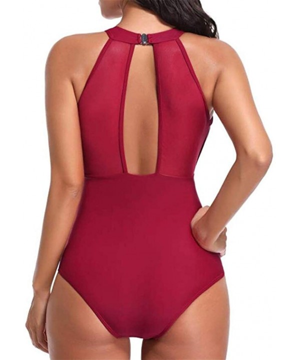 Women One Piece Swimsuits High Neck V-Neckline Mesh Ruched Monokini Swimwear - Red - CE18SZDKI6G $11.85-One-Pieces