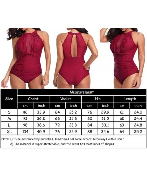 Women One Piece Swimsuits High Neck V-Neckline Mesh Ruched Monokini Swimwear - Red - CE18SZDKI6G $11.85-One-Pieces