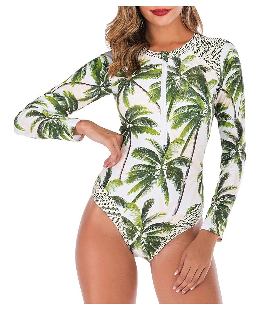 Women's Zip Front Printed Swimwear One Piece Long Sleeve Rash Guard UV Protection Surfing Swimsuit - Green - C218TC68YGT $21....