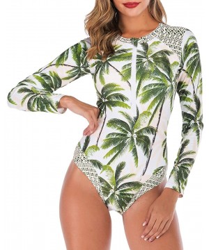 Women's Zip Front Printed Swimwear One Piece Long Sleeve Rash Guard UV Protection Surfing Swimsuit - Green - C218TC68YGT $21....