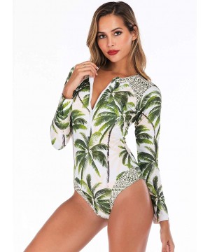 Women's Zip Front Printed Swimwear One Piece Long Sleeve Rash Guard UV Protection Surfing Swimsuit - Green - C218TC68YGT $21....