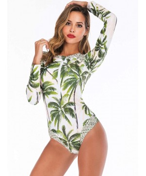 Women's Zip Front Printed Swimwear One Piece Long Sleeve Rash Guard UV Protection Surfing Swimsuit - Green - C218TC68YGT $21....