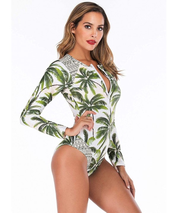 Women's Zip Front Printed Swimwear One Piece Long Sleeve Rash Guard UV Protection Surfing Swimsuit - Green - C218TC68YGT $21....