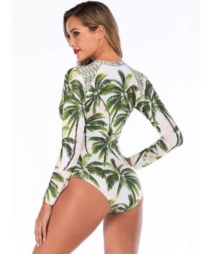 Women's Zip Front Printed Swimwear One Piece Long Sleeve Rash Guard UV Protection Surfing Swimsuit - Green - C218TC68YGT $21....