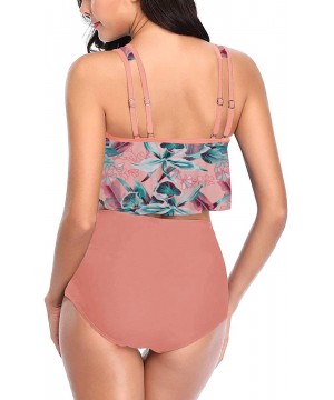 Women High Waisted Swimsuits Tummy Control Two Piece Tankini Ruffled Top with Swim Bottom Bathing Suits 1 floral+pink - CT18U...