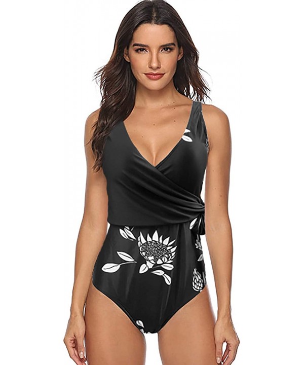 Fashion One Piece Halter Swimsuit Ruffle Deep V Bathing Suit Padded Monokini - D-black - CV18UELAAXD $32.73-One-Pieces