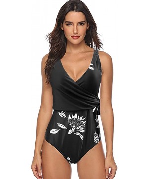 Fashion One Piece Halter Swimsuit Ruffle Deep V Bathing Suit Padded Monokini - D-black - CV18UELAAXD $32.73-One-Pieces