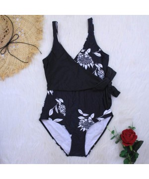 Fashion One Piece Halter Swimsuit Ruffle Deep V Bathing Suit Padded Monokini - D-black - CV18UELAAXD $32.73-One-Pieces