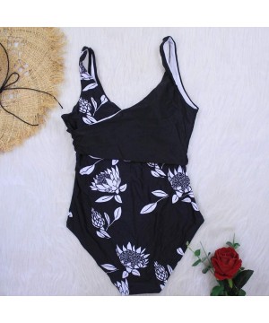 Fashion One Piece Halter Swimsuit Ruffle Deep V Bathing Suit Padded Monokini - D-black - CV18UELAAXD $32.73-One-Pieces