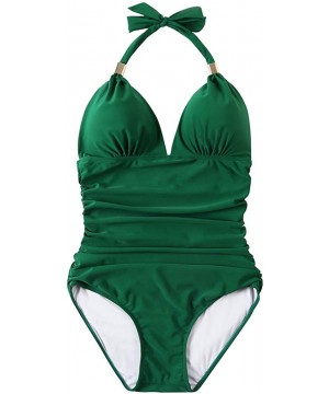 Women Retro Halter One Piece Swimsuits Sexy Slimming Ruched Monokini - 57 Green - CN192AOM6DA $25.54-One-Pieces