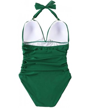 Women Retro Halter One Piece Swimsuits Sexy Slimming Ruched Monokini - 57 Green - CN192AOM6DA $25.54-One-Pieces