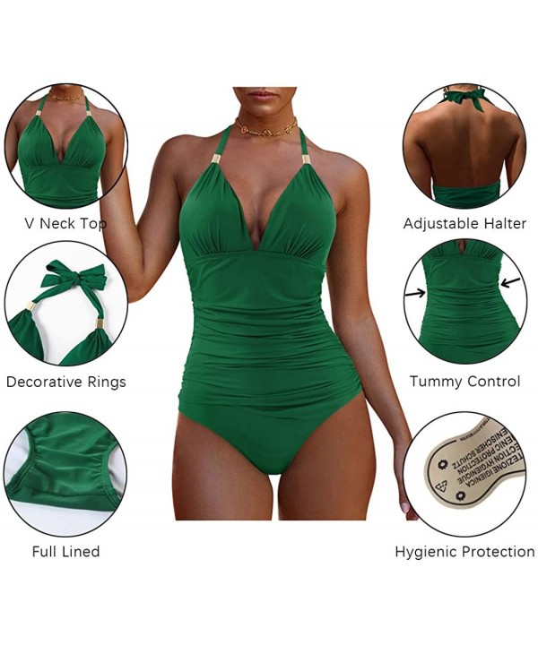 Women Retro Halter One Piece Swimsuits Sexy Slimming Ruched Monokini - 57 Green - CN192AOM6DA $25.54-One-Pieces