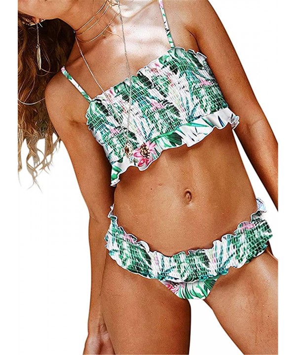 Womens 2 Pieces Bandeau Bikini Set Ruched Swimsuits Off Shoulder High Waist Bathing Suit - Green324 - CI18T4KUS89 $27.77-Tank...