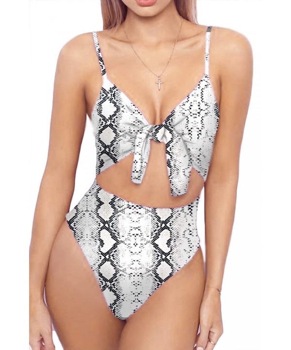 Womens Spaghetti Strap Tie Knot Front Cutout High Cut One Piece Swimsuit - Snakeskin - C718MDD3XUK $27.17-One-Pieces