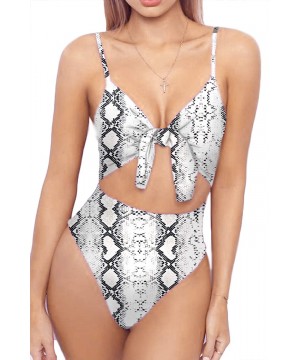 Womens Spaghetti Strap Tie Knot Front Cutout High Cut One Piece Swimsuit - Snakeskin - C718MDD3XUK $27.17-One-Pieces