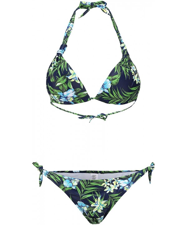 Women's Halter Swimwear Printed Two Piece Bikini Sets - Black Green Blue - CV18U2GA0K2 $16.37-Sets