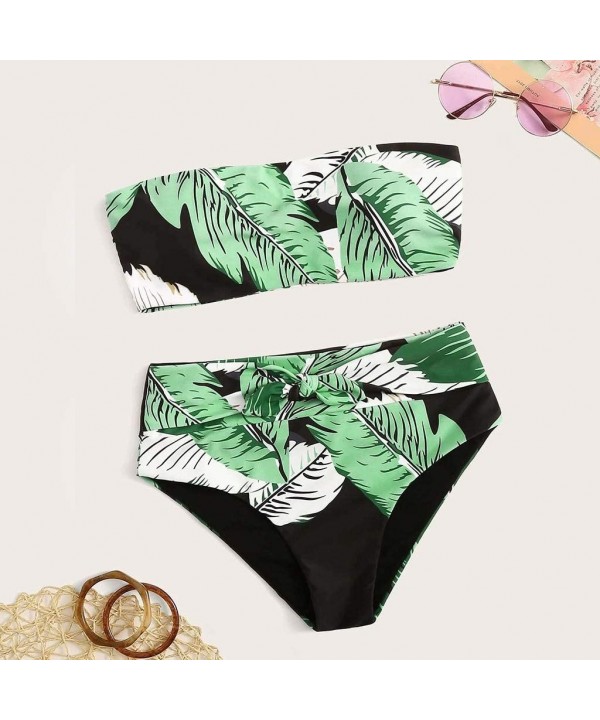 Women's 2 Pieces Removable Pad High Cut Bandeau Bikini Set Swimsuit Off Shoulder High Waist Beach Swimwear Black C - CX1966OH...