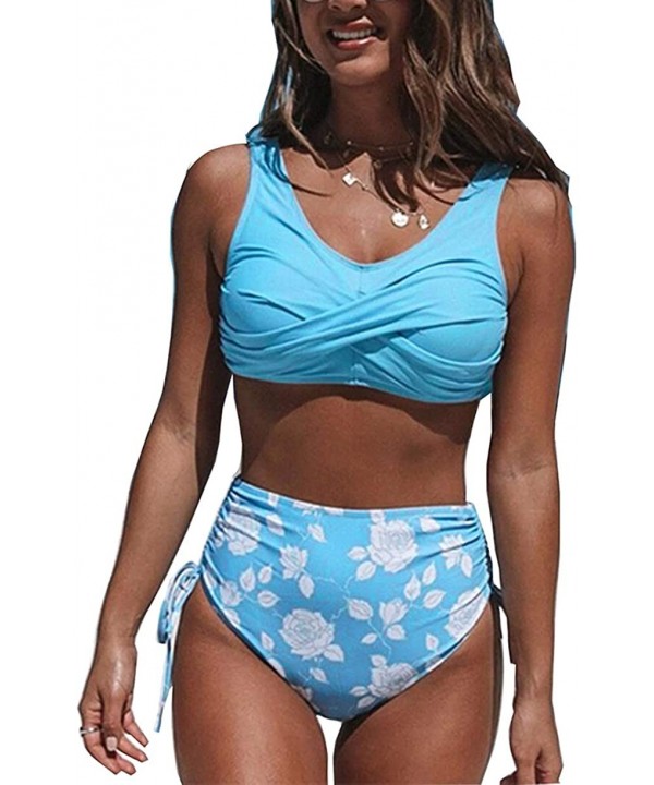 Women Two Piece Swimsuit High Waisted Printed Drawstring Bathing Suit Bikini Swimwear - Blue - C1199QQ7YG8 $17.43-Cover-Ups