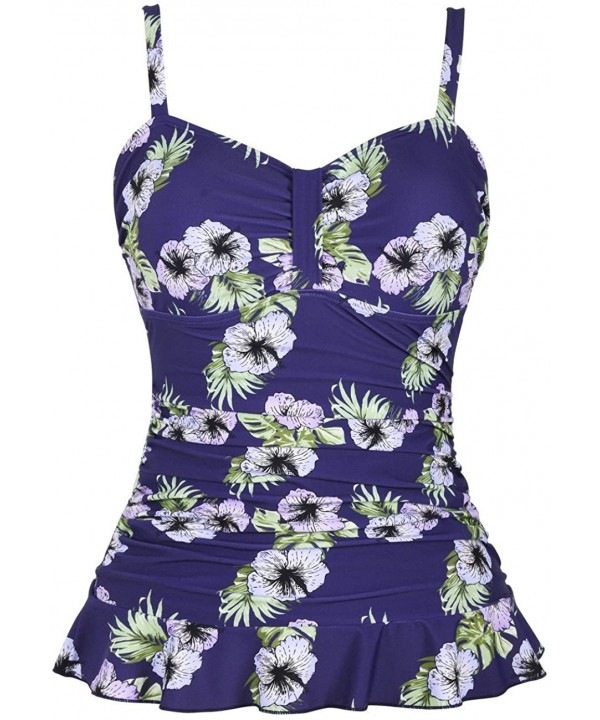 Women's 50's Retro Ruched Tankini Swimsuit Top with Ruffle Hem - Navy&purple Floral - CD18CG4M9M9 $29.08-Tankinis