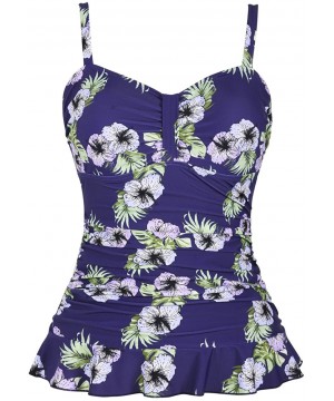 Women's 50's Retro Ruched Tankini Swimsuit Top with Ruffle Hem - Navy&purple Floral - CD18CG4M9M9 $29.08-Tankinis