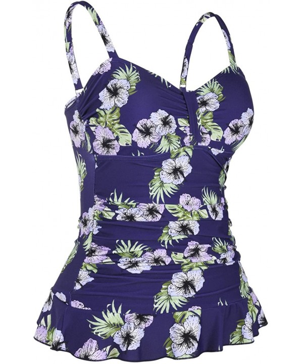 Women's 50's Retro Ruched Tankini Swimsuit Top with Ruffle Hem - Navy&purple Floral - CD18CG4M9M9 $29.08-Tankinis