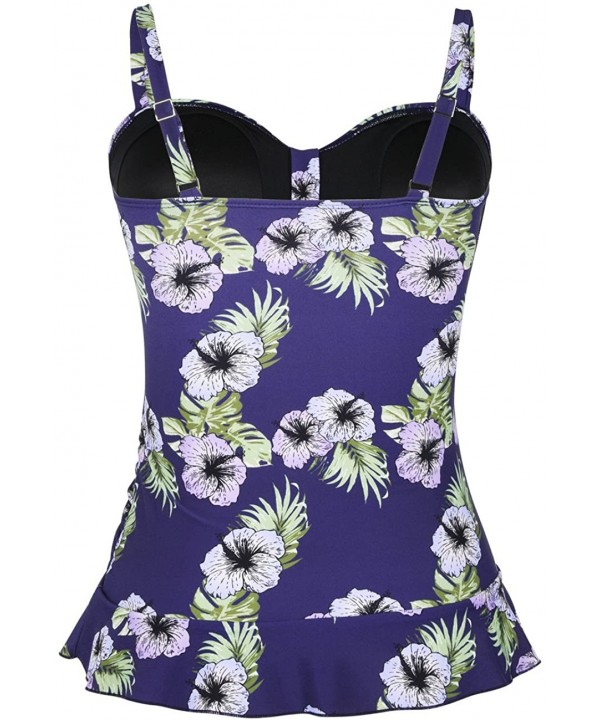 Women's 50's Retro Ruched Tankini Swimsuit Top with Ruffle Hem - Navy&purple Floral - CD18CG4M9M9 $29.08-Tankinis