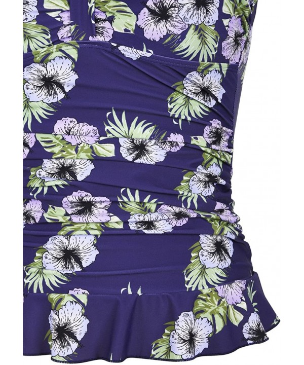 Women's 50's Retro Ruched Tankini Swimsuit Top with Ruffle Hem - Navy&purple Floral - CD18CG4M9M9 $29.08-Tankinis