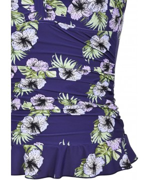 Women's 50's Retro Ruched Tankini Swimsuit Top with Ruffle Hem - Navy&purple Floral - CD18CG4M9M9 $29.08-Tankinis