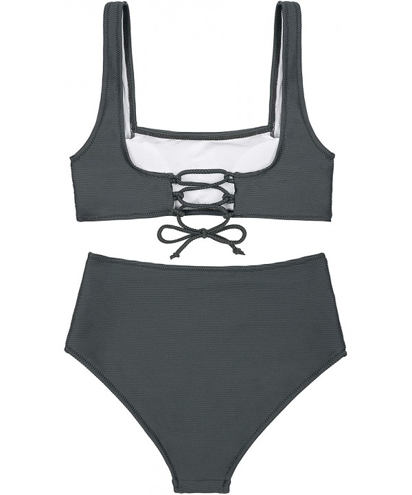 Women's Crop Top Ribbed Swimsuit Two Pieces Square Neck Bikini Set Padded High Waisted Tankini Bathing Suit Grey Green - CX18...