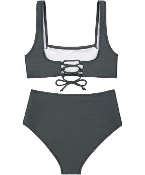 Women's Crop Top Ribbed Swimsuit Two Pieces Square Neck Bikini Set Padded High Waisted Tankini Bathing Suit Grey Green - CX18...