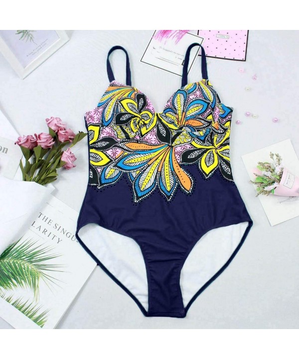 Womens Classic Boho One Piece Bandeau Bikini Tankini Tummy Control Retro Swimsuit Swimwear Floral Bathing Suit Navy - CA18UWD...