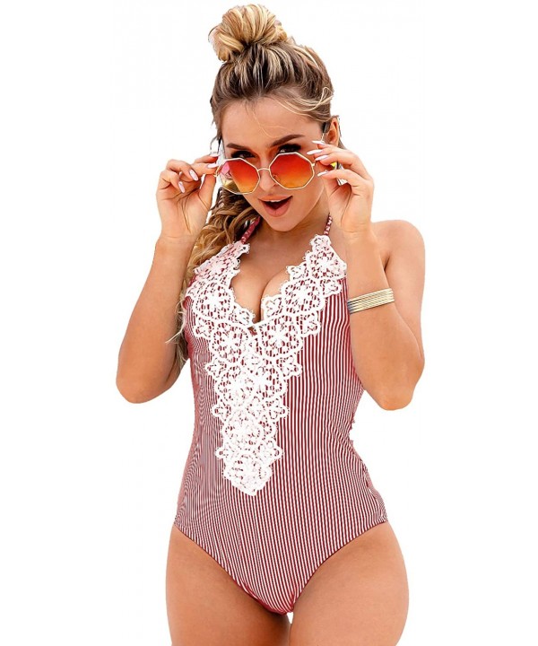 Women's Vintage One Piece Swimsuit Lace Tummy Control Halter Swimwear Bathing Suit - Red - CF18TZ9QZY3 $23.89-One-Pieces