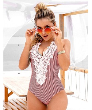 Women's Vintage One Piece Swimsuit Lace Tummy Control Halter Swimwear Bathing Suit - Red - CF18TZ9QZY3 $23.89-One-Pieces