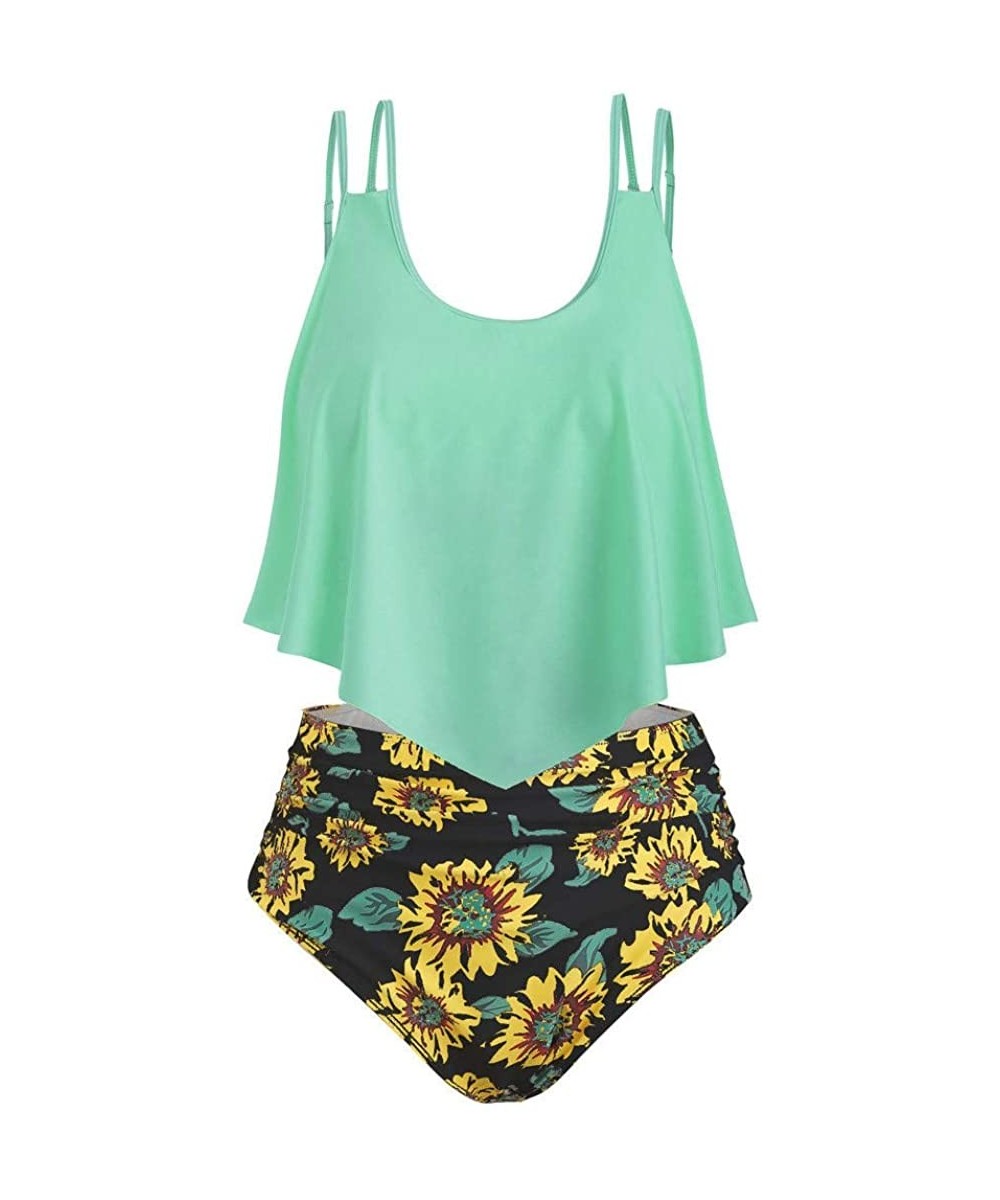 Plus Size Bikini for Women Ruffle Swimsuit High Waisted Bottom Sunflower Print Swimwear Tankini - Green - CE18S8Z0L35 $15.69-...