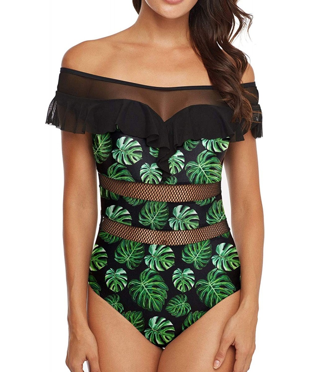 Women One Piece Mesh Flounce Swimsuit Sexy 1PC Off Shoulder Bathing Suit - Green - CH18OZKCHA4 $23.03-One-Pieces