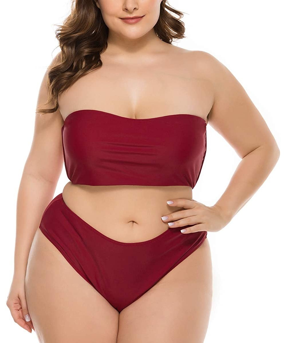 Women Plus Size Bikini Sets Two Piece Snake Print Swimsuits High Cut Bandeau Ladies Swimwear Bathing Suit Red Wine - CL193RUR...