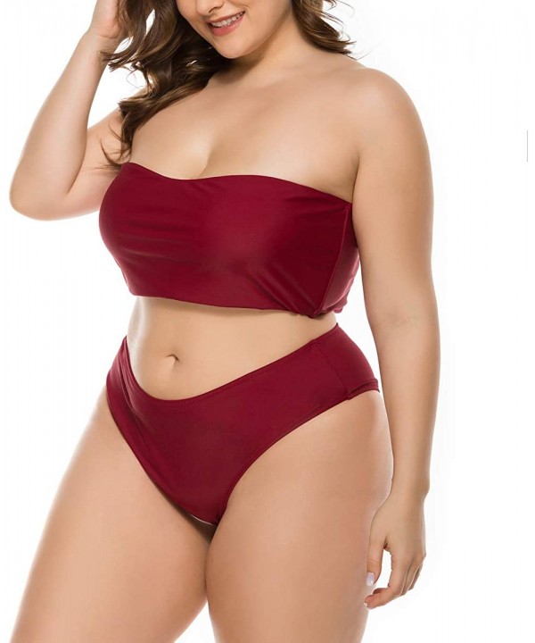 Women Plus Size Bikini Sets Two Piece Snake Print Swimsuits High Cut Bandeau Ladies Swimwear Bathing Suit Red Wine - CL193RUR...