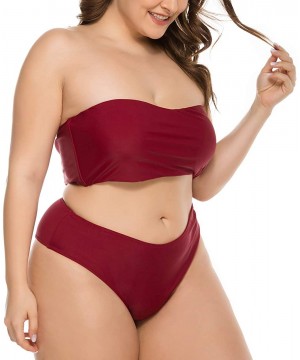 Women Plus Size Bikini Sets Two Piece Snake Print Swimsuits High Cut Bandeau Ladies Swimwear Bathing Suit Red Wine - CL193RUR...