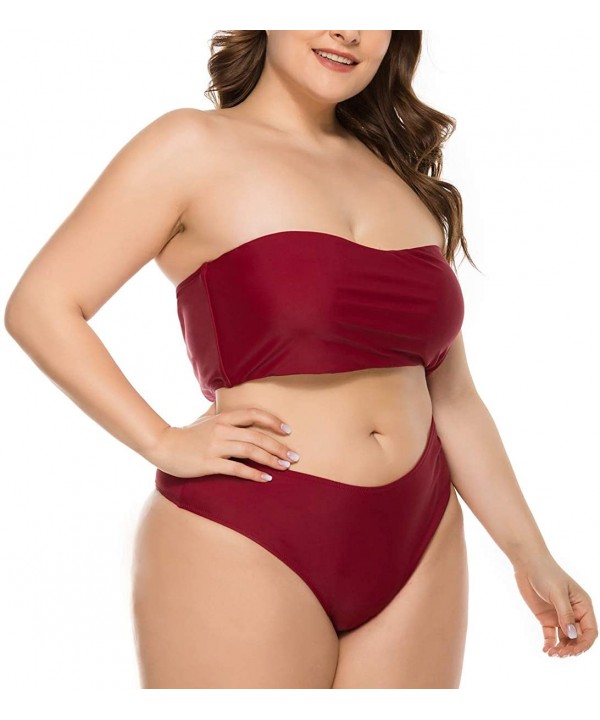 Women Plus Size Bikini Sets Two Piece Snake Print Swimsuits High Cut Bandeau Ladies Swimwear Bathing Suit Red Wine - CL193RUR...