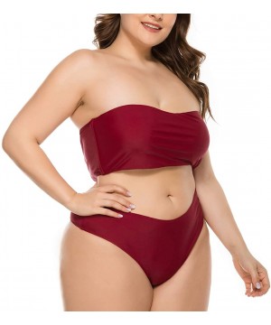 Women Plus Size Bikini Sets Two Piece Snake Print Swimsuits High Cut Bandeau Ladies Swimwear Bathing Suit Red Wine - CL193RUR...