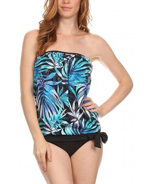 Women's Bandeau Blouson Tie Tankini - Blue\green - CO12CGAO32D $27.95-Tops