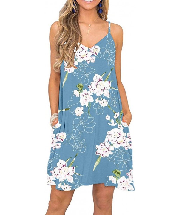 Women's Summer Spaghetti Strap Casual Swing Tank Beach Cover Up Dress with Pockets - Floral Light Blue - C9190H2GCI0 $21.89-C...