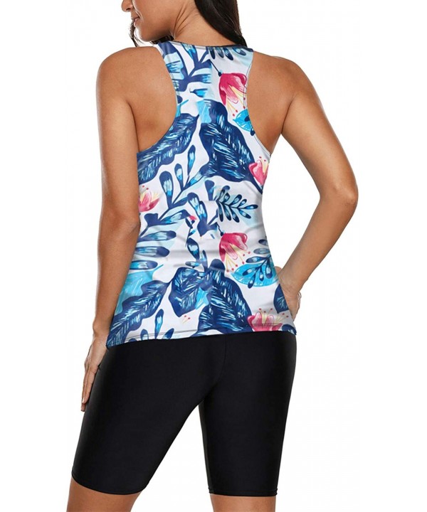 Womens Racerback Color Block Print Tankini Swimsuits with Swim Capris S-XXXL - Zz Blue - CN196T4NY8L $31.43-Sets