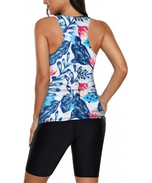 Womens Racerback Color Block Print Tankini Swimsuits with Swim Capris S-XXXL - Zz Blue - CN196T4NY8L $31.43-Sets