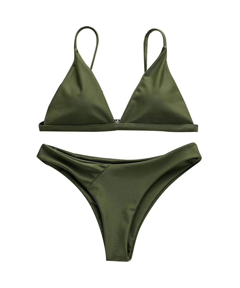 Women Summer Solid Bikini Push-Up Pad Swimwear Bathing Beachwear Set Monokini Swimsuit - Green - CK18R3XC6MG $14.70-Sets