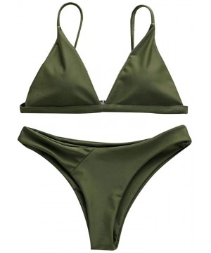 Women Summer Solid Bikini Push-Up Pad Swimwear Bathing Beachwear Set Monokini Swimsuit - Green - CK18R3XC6MG $14.70-Sets