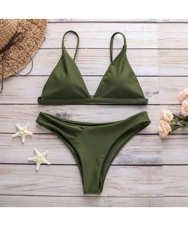 Women Summer Solid Bikini Push-Up Pad Swimwear Bathing Beachwear Set Monokini Swimsuit - Green - CK18R3XC6MG $14.70-Sets