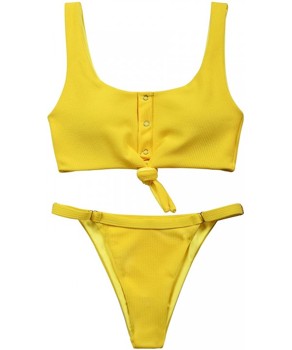 Women's Two Pieces Bikini Set Scoop Neck Tank Top Thong Bikini Bottom Cheeky High Waisted Swimsuit - Yellow - CS18TY7NYSO $16...