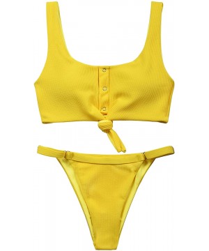 Women's Two Pieces Bikini Set Scoop Neck Tank Top Thong Bikini Bottom Cheeky High Waisted Swimsuit - Yellow - CS18TY7NYSO $16...